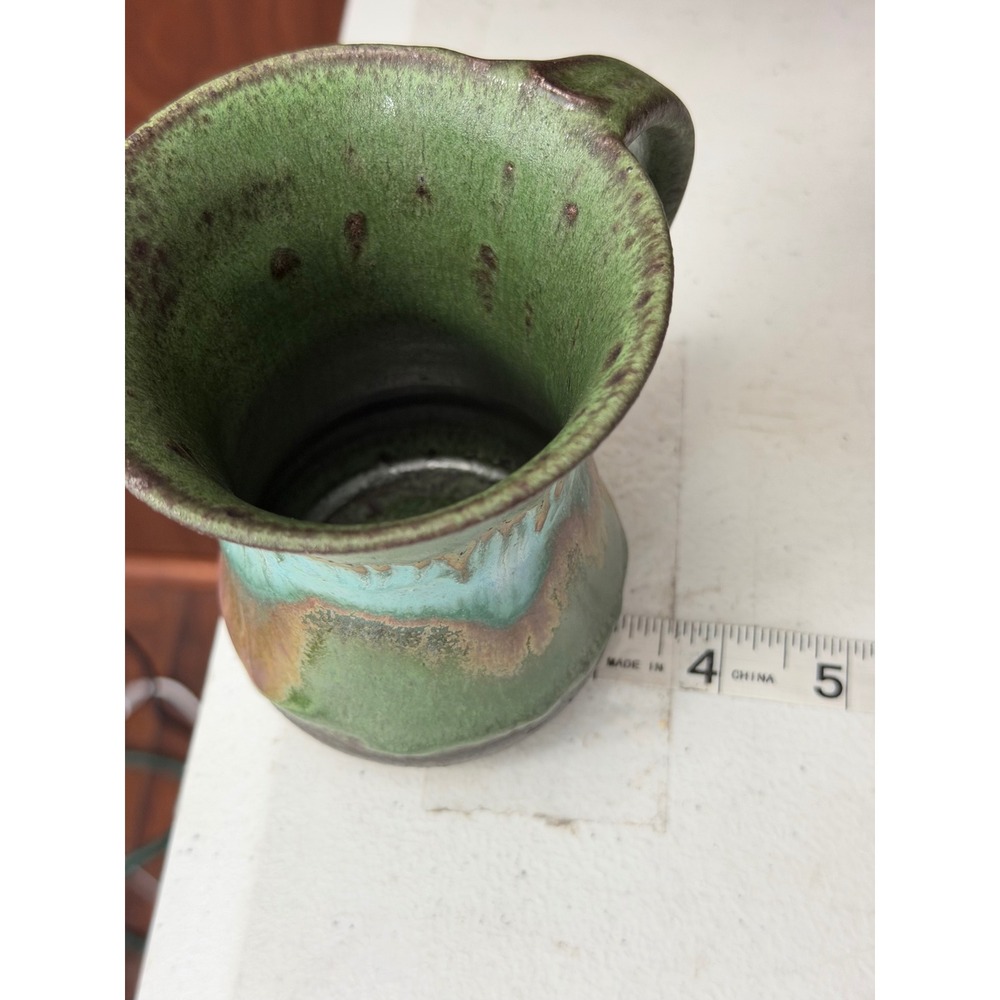 Studio Pottery Mug Green Turquoise Drip Glaze Hand Thrown Signed Stoneware - Picture 9 of 11